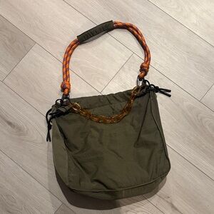 Chic Olive Shoulder Bag with Orange Accents